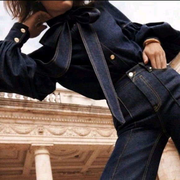 Women's Faux Denim Shirt Top Bow-Embellished High Neck Single-Breasted Lantern S - Picture 2 of 4